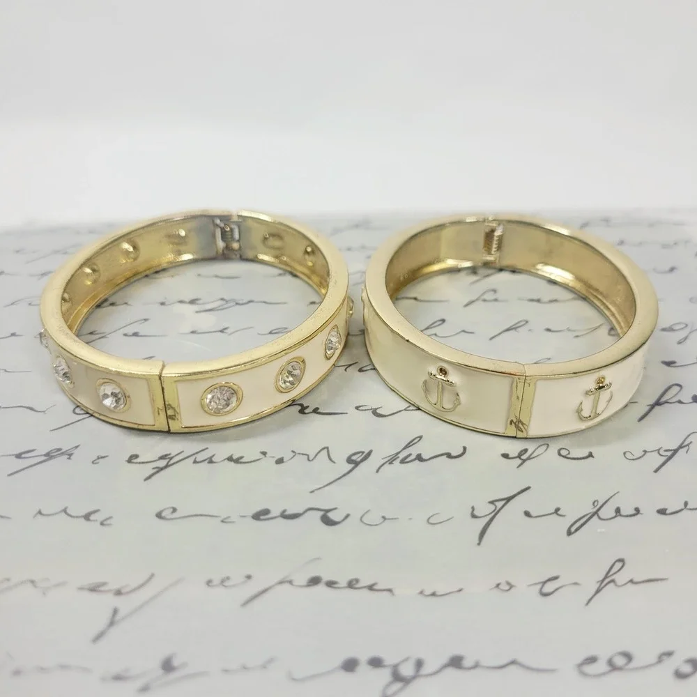 90s Cream Enamel Clamper Bangle Set Nautical Stackable Eternity Rhinestones